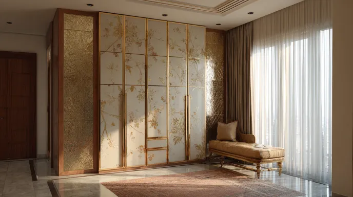 Sliding wardrobe design with floral glass panels gold handles