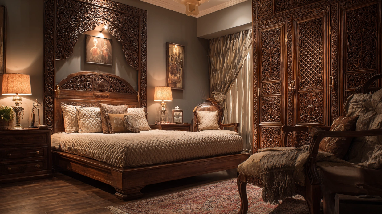 Carved wooden almirah partition in bedroom