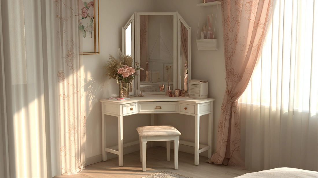 Iron almirah integrated with a corner mirror and vanity