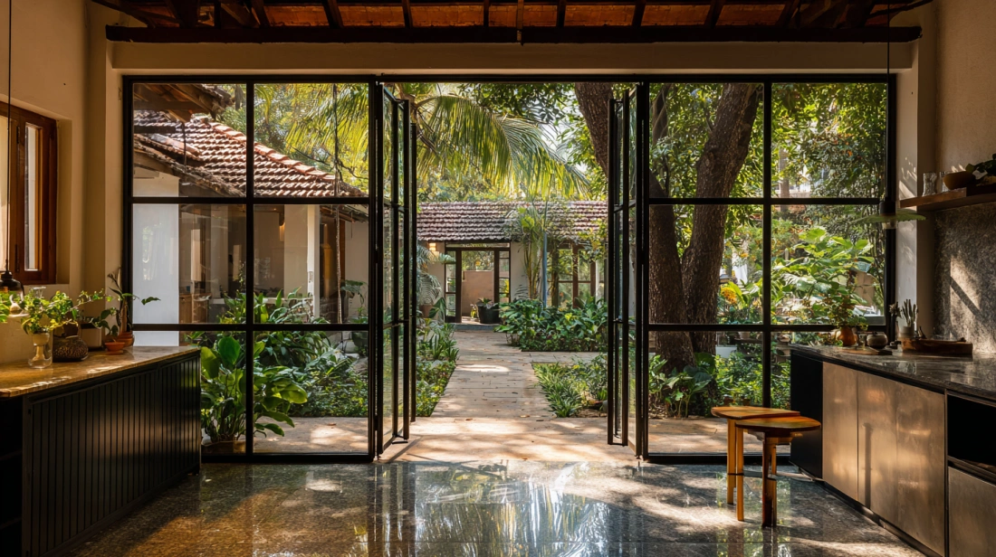 Sleek black aluminium frame door with clear glass panels