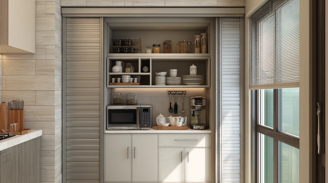 Aluminium roller shutter cabinet in tiny Indian kitchen pantry