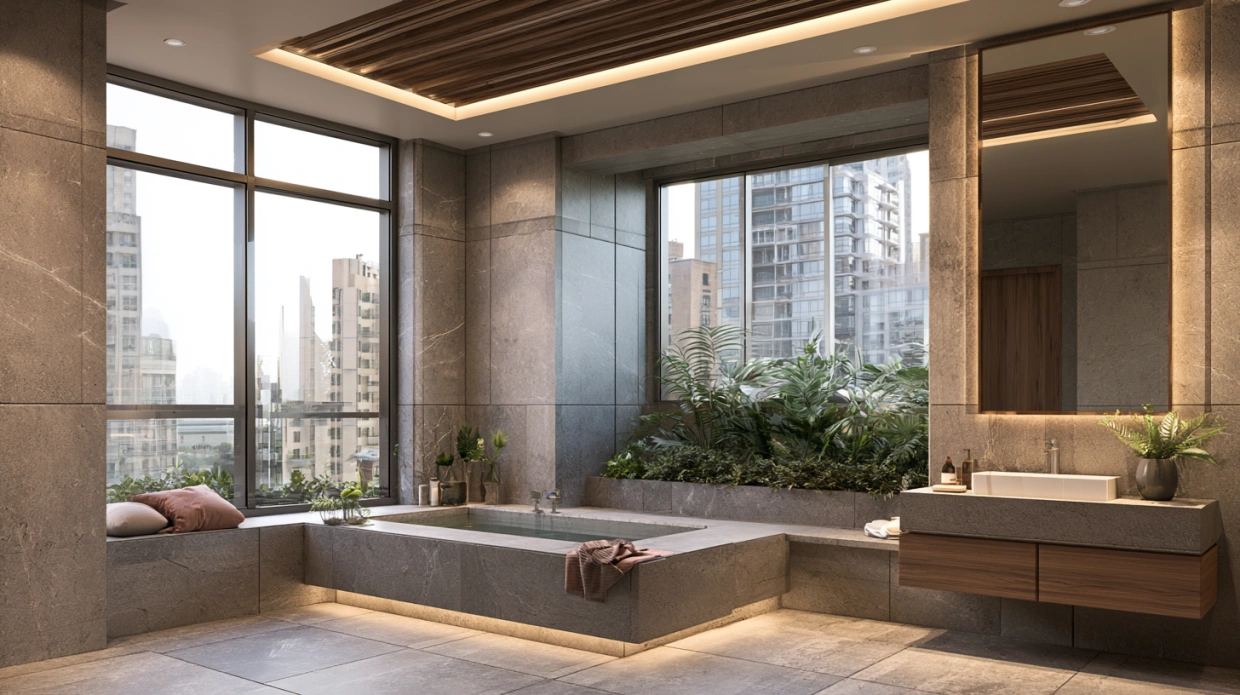 Aluminium strip ceiling in premium bathroom