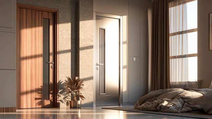 Modern aluminium bedroom door with glass panel