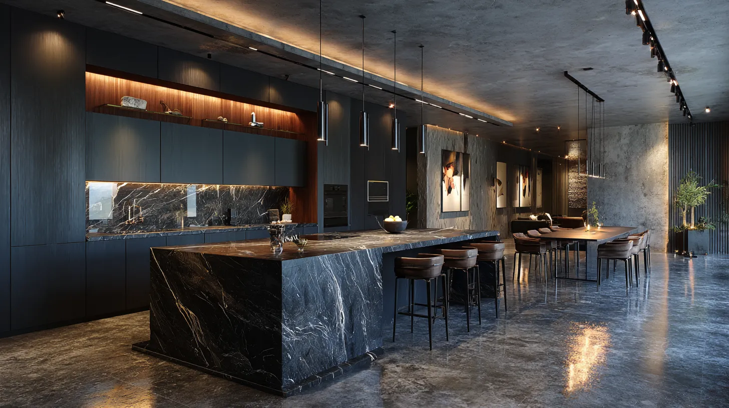 Black marble kitchen island with stools in a dark moody interior.