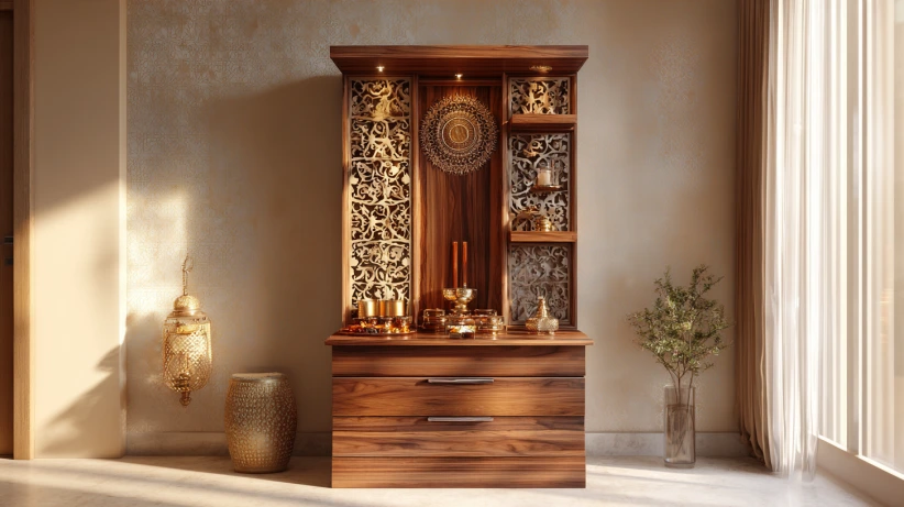 walnut finish compact mandir styled in pooja mandir designs for home