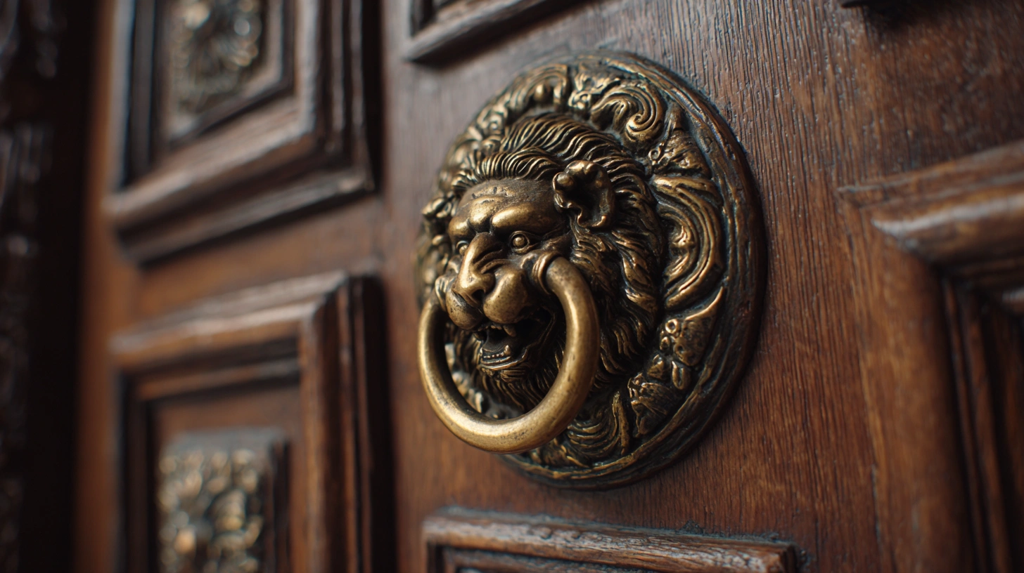 Brass antique knocker on royal door