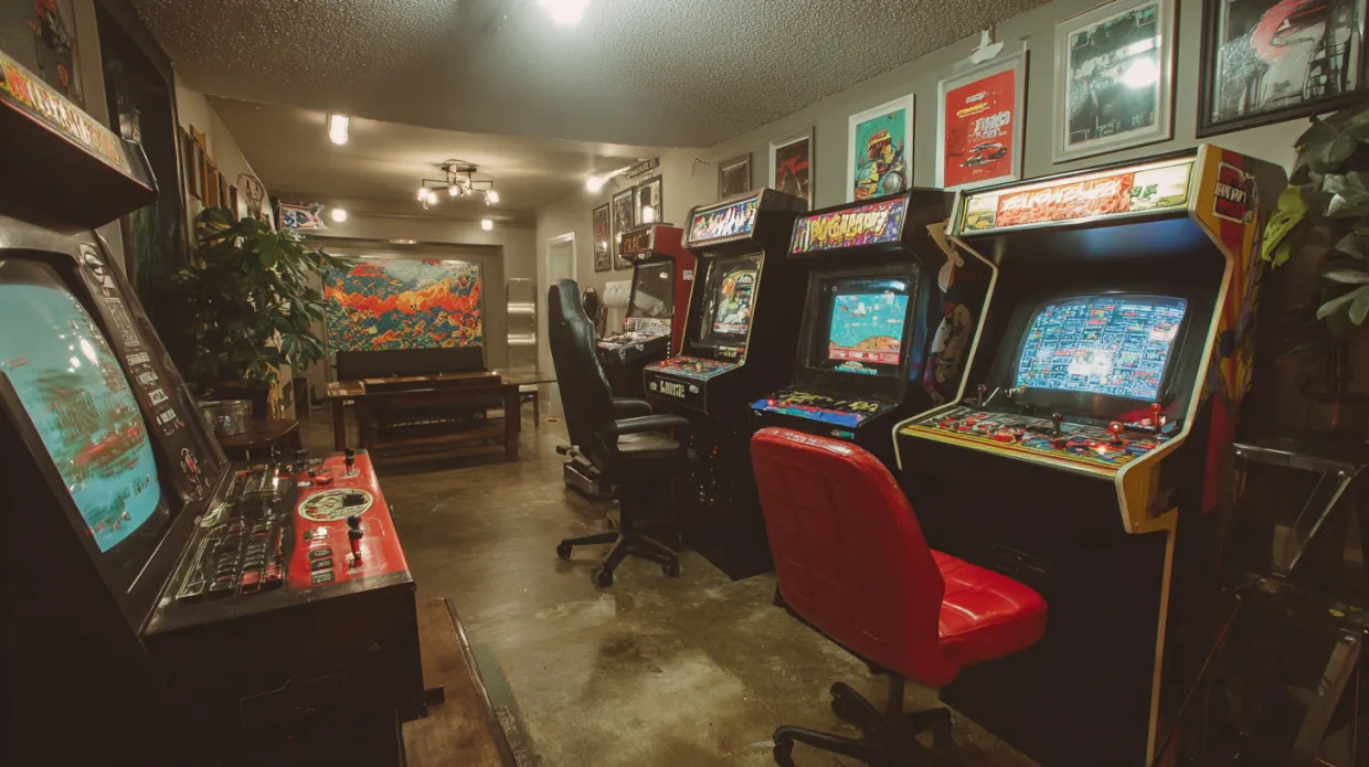 arcade style gaming room design with chairs and displays