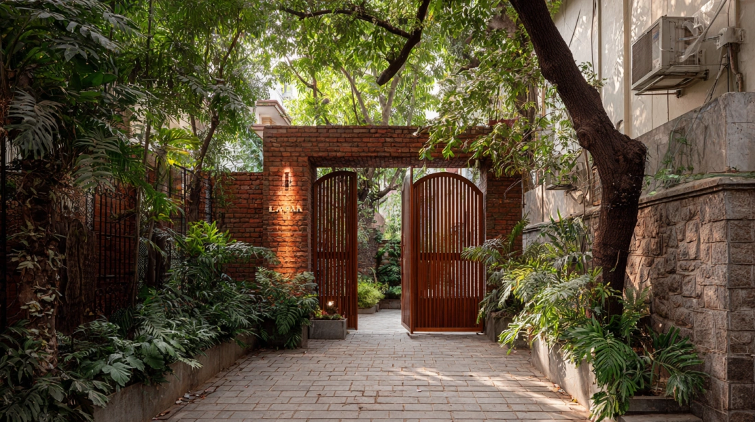 Large brick archway with a modern black wrought iron gate