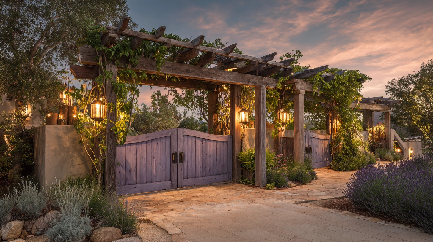 Wrought iron gate under a wooden pergola arch with a lamp