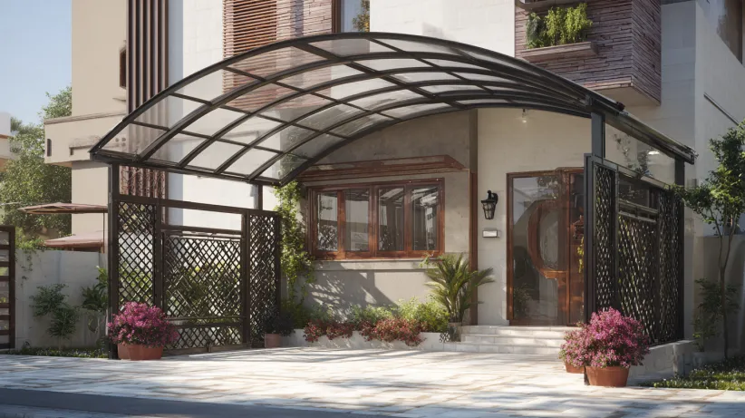 Curved black metal canopy arch over a modern home driveway