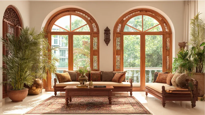 Elegant arched wooden windows with intricate carvings in a bright traditional living room.