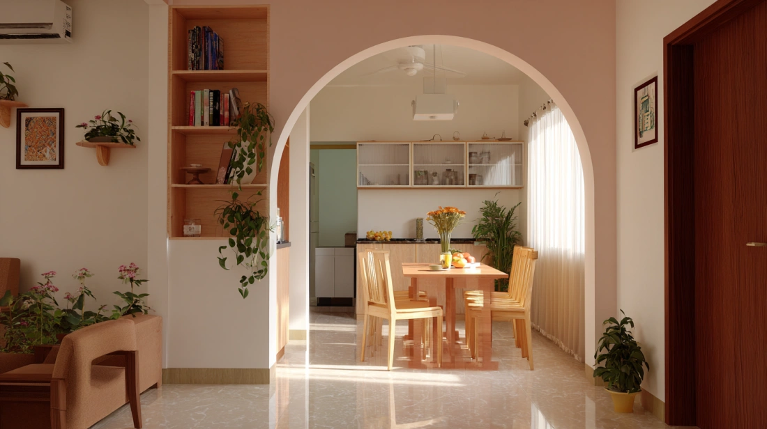 Elegant arched gypsum partition dividing dining and living zones