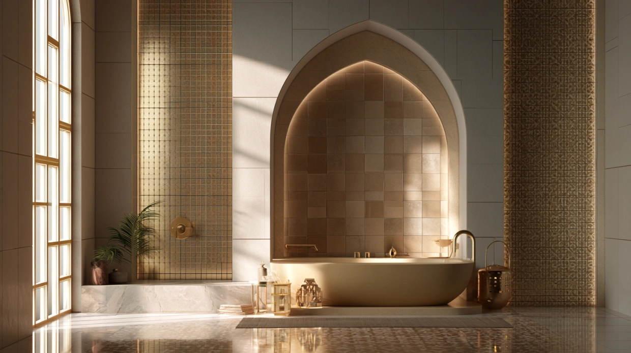 Arched niche with decorative tile finish