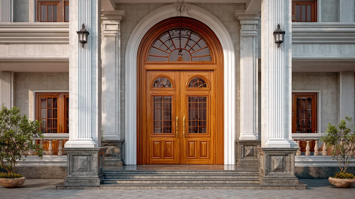 grand church-style wooden doors with ornate carvings and arched design