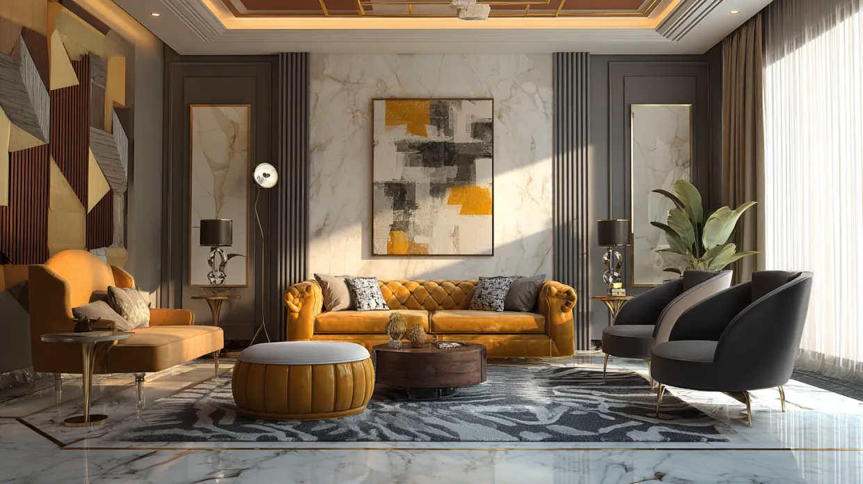 luxurious living room with mustard yellow sofa, modern black chairs, marble flooring, and geometric wall art