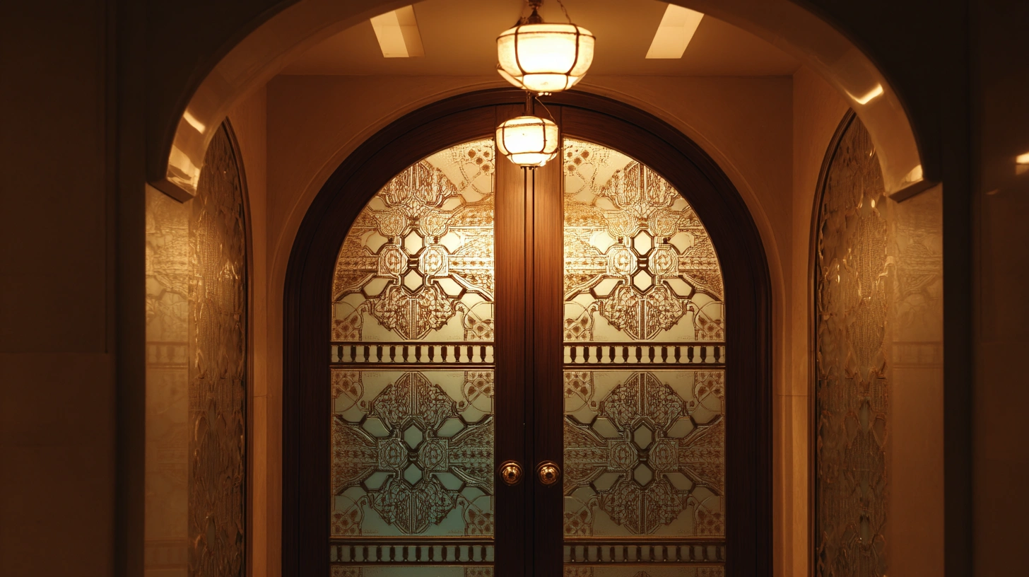 Art Deco arch door with geometric patterns and glass