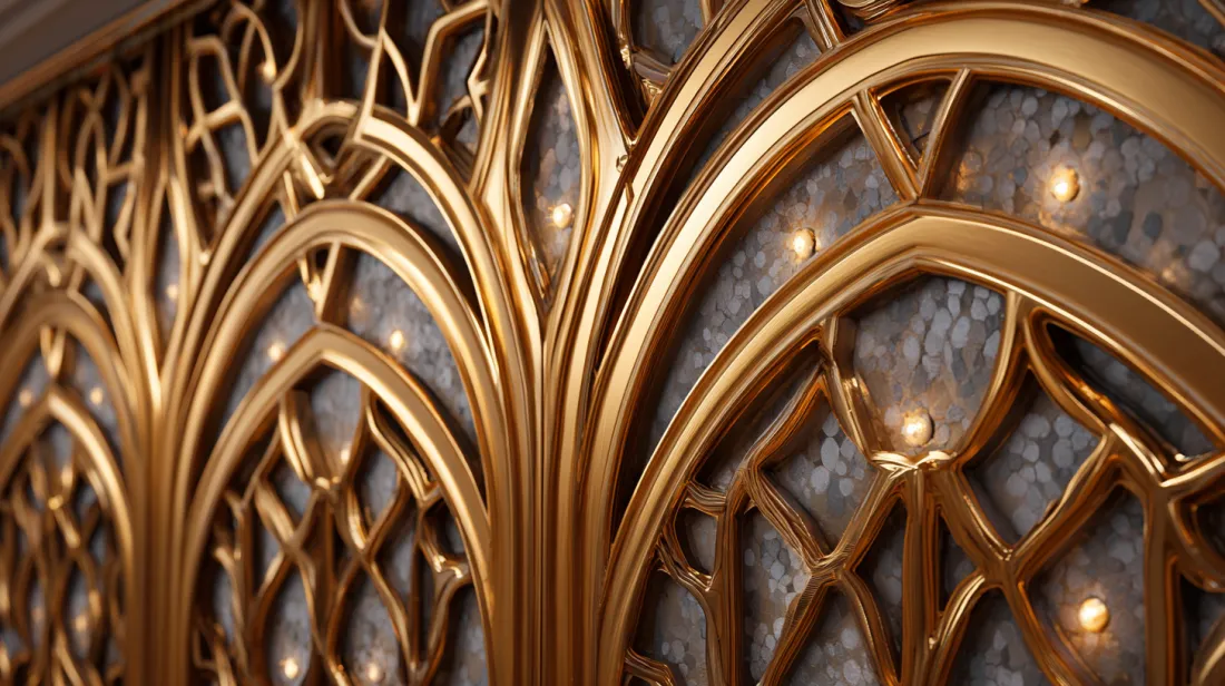 Symmetrical Art Deco CNC wood panels in a luxury hallway