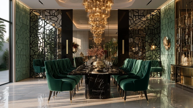 Art Deco luxury dining room with marble table and velvet chairs.
