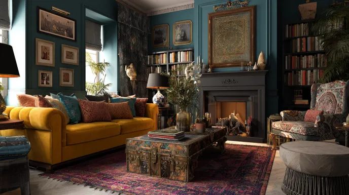 Eclectic interior design living room decor with mustard sofa, vintage trunk coffee table, layered rug, teal walls, and classic fireplace.