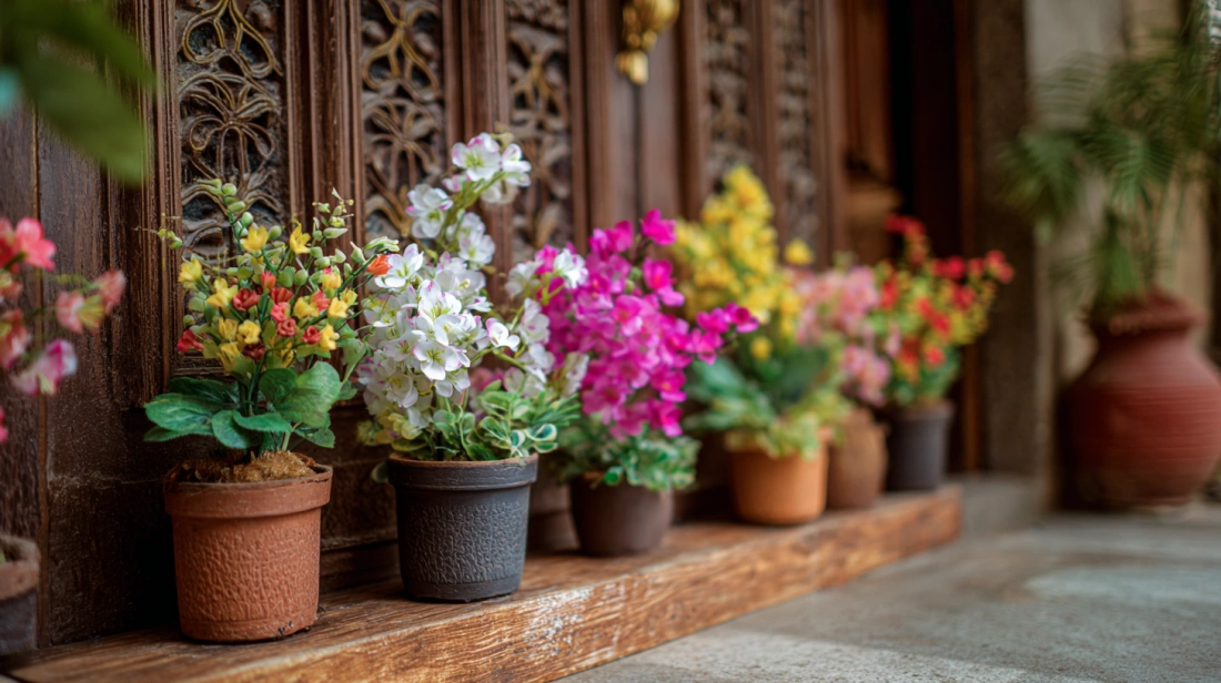 Artificial flowers in pots near flat entrance door