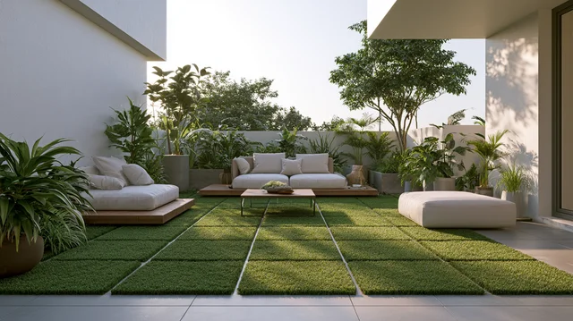 Artificial grass tiles on a rooftop