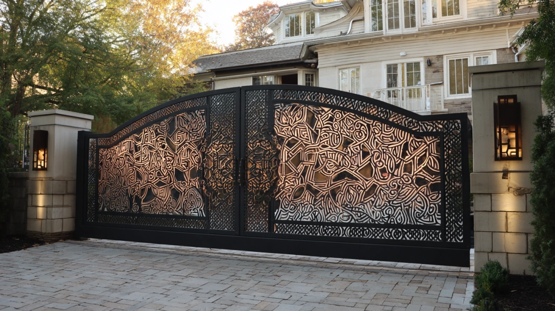 Huge, ornate deep blue wrought iron arch driveway gates