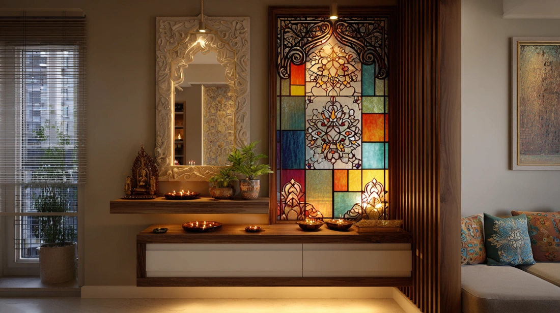 Metal and stained glass wall mandir in living room