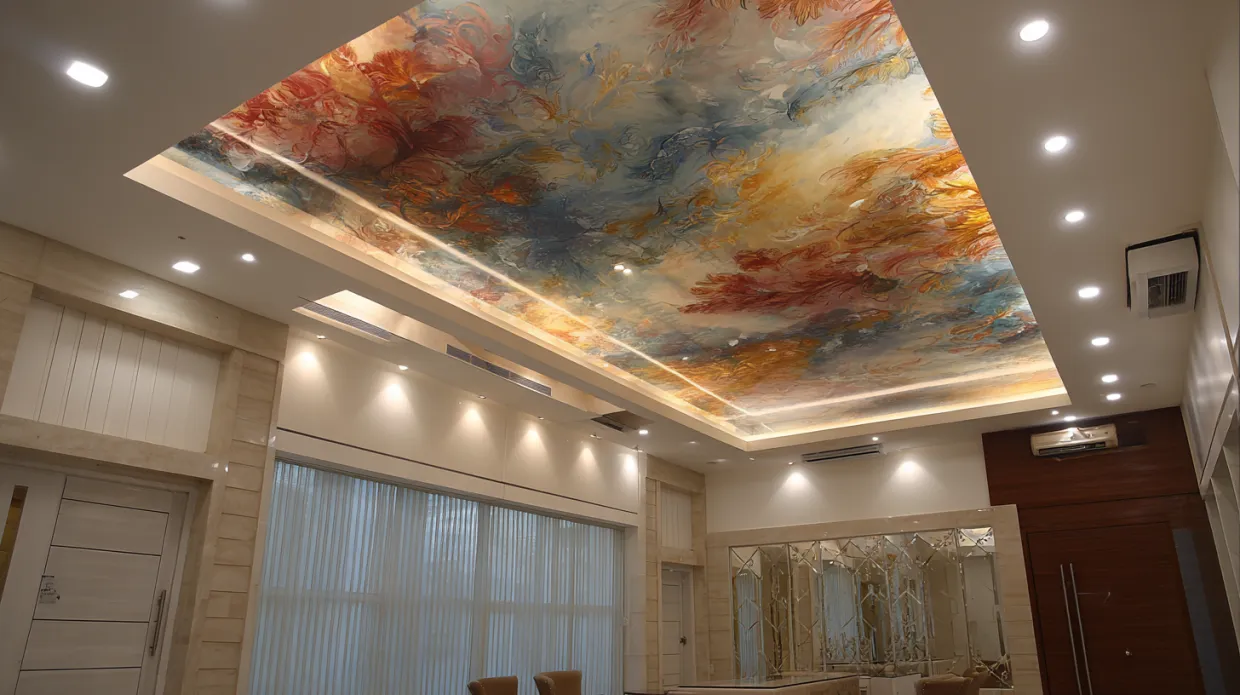: l-shaped false ceiling design hall with artistic finesse