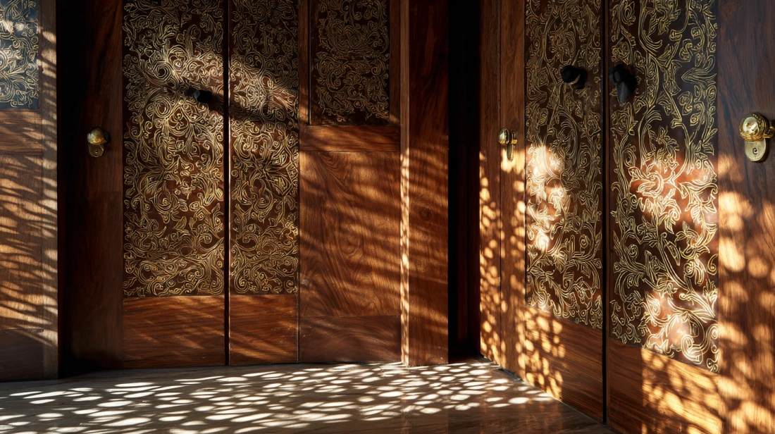 Wooden door with intricate metal overlay shadow patterns