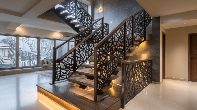 artistic metal pattern featured in modern stair railing design