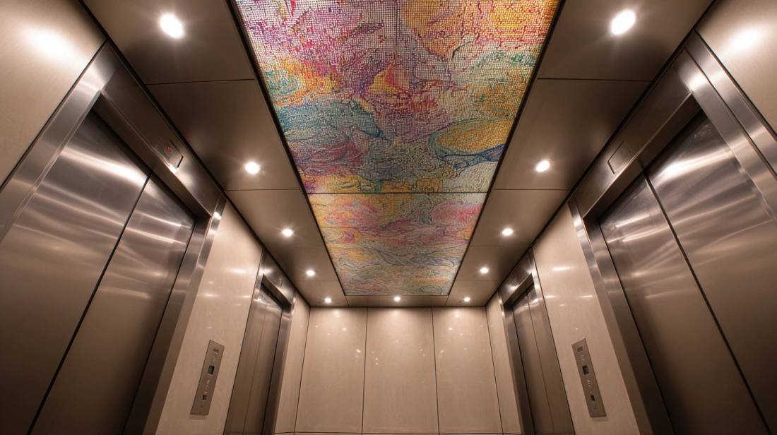 Elevator ceiling featuring a colorful artistic painted mural