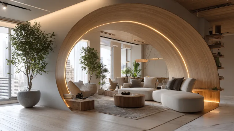 Artistic wooden circular arch with integrated LED lighting