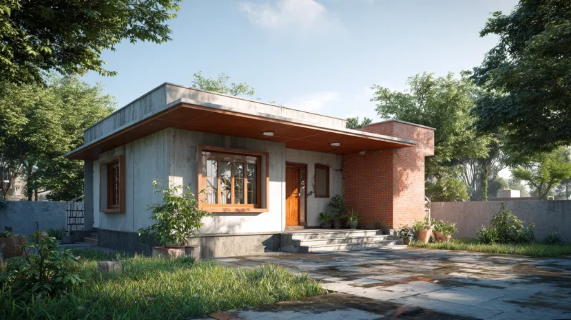 Flat asbestos sheet house design with modern architecture.