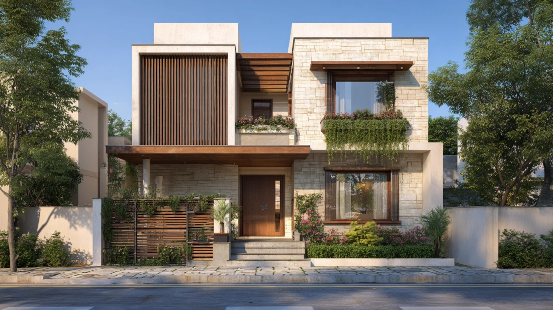Neutral duplex with wooden slats and small garden