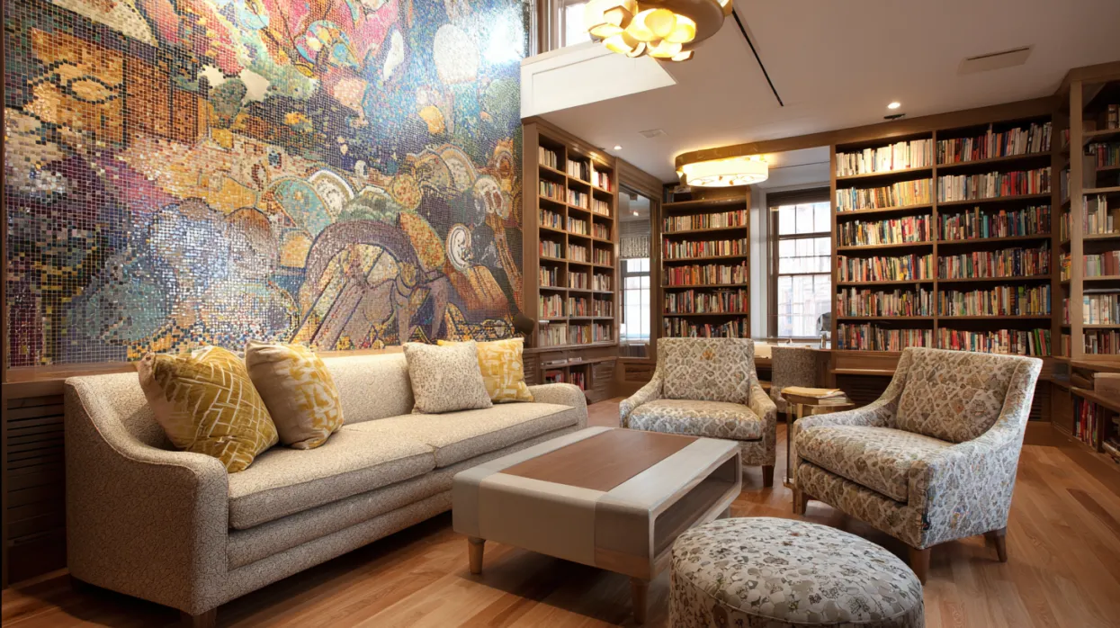 mosaic wall art as focal point in vibrant home library design