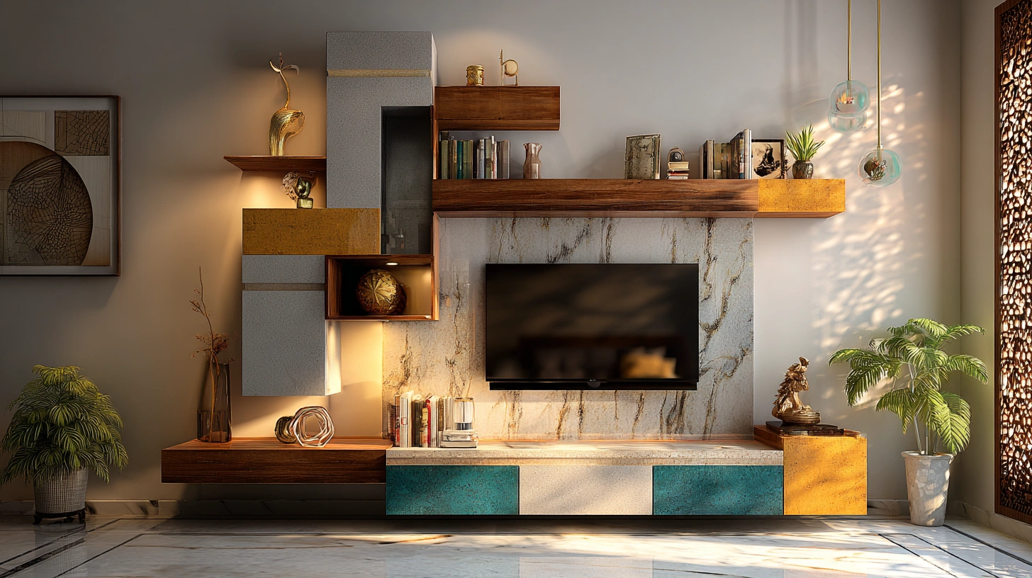 Asymmetrical corner TV unit with geometric shelves