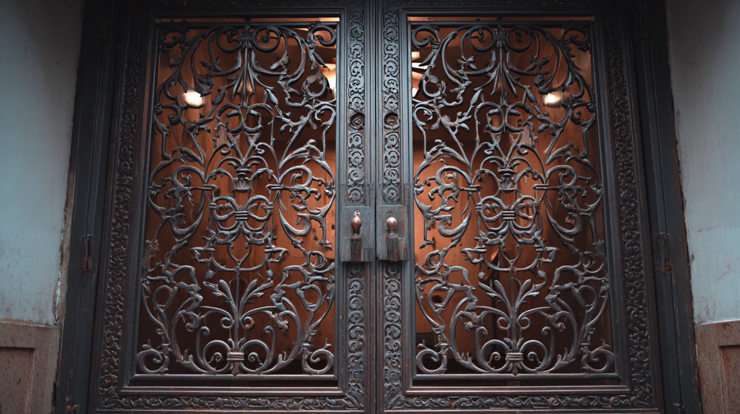 Modern black iron gate with an abstract asymmetrical geometric pattern