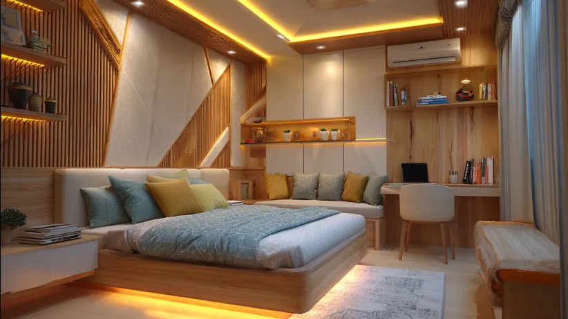asymmetrical ceiling design for bedroom with modern stylish layout