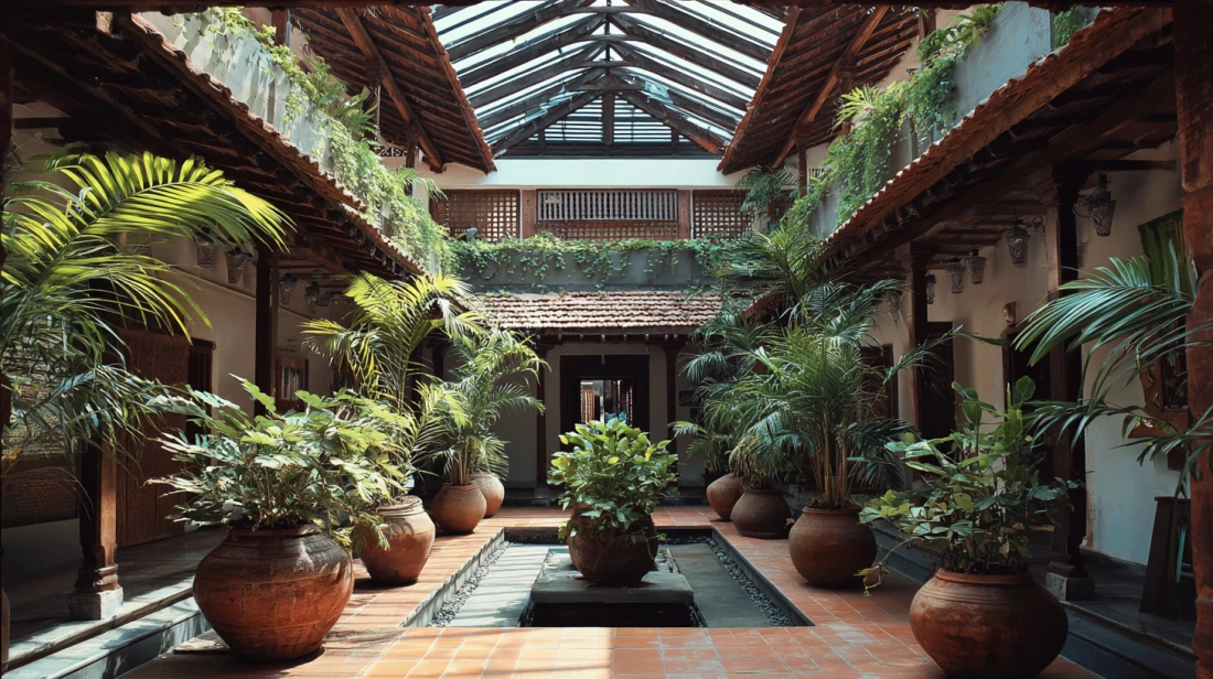 Large gabled glass skylight over a traditional courtyard atrium