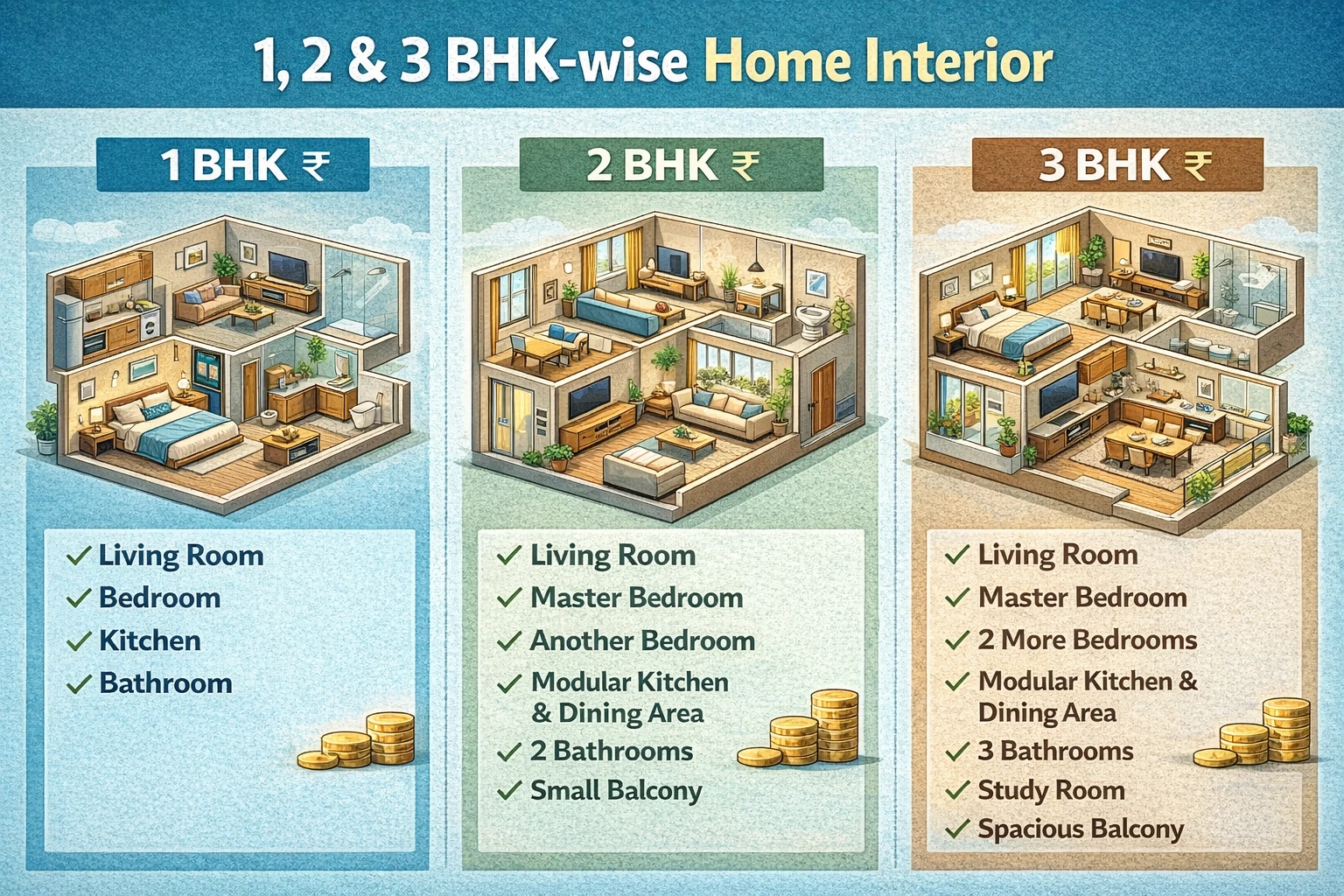 BHK Budgeting & Comparisons: A Comprehensive Guide to Interior Costs for 1, 2 & 3 BHK Homes