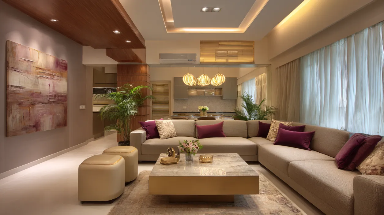 Spacious BHK interiors with a large sectional sofa and purple pillows.