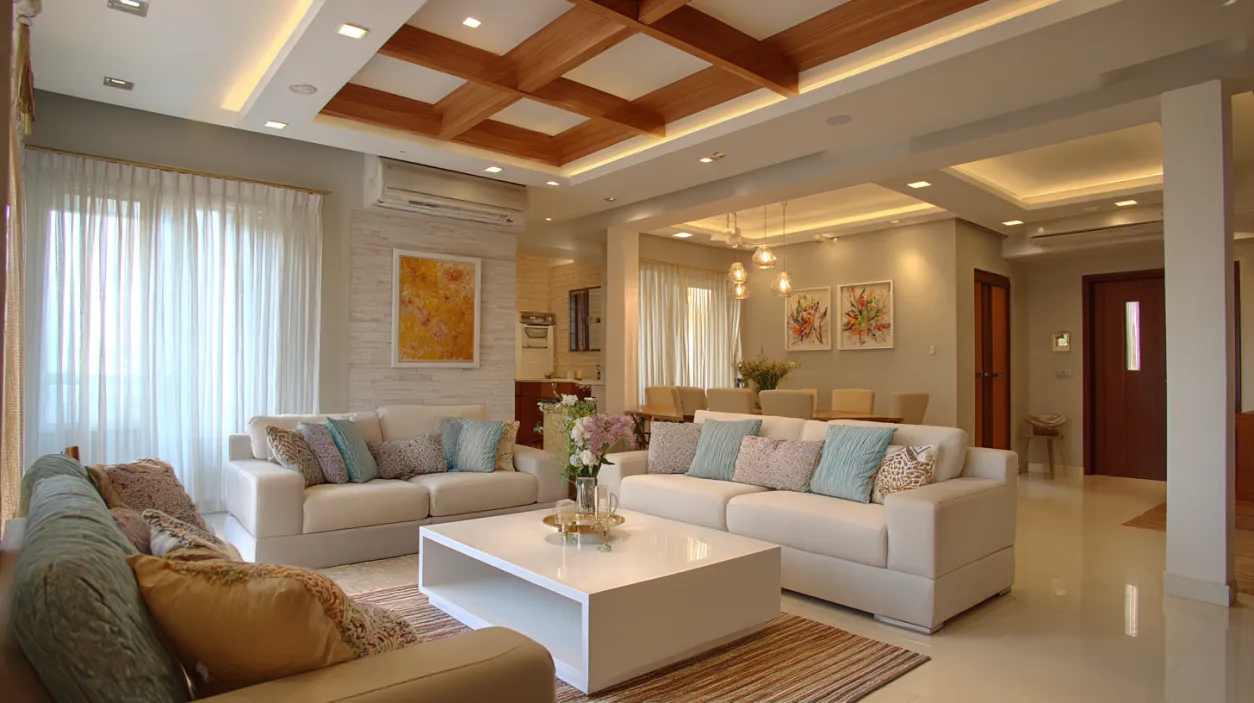 Luxury BHK budgeting design with a coffered wood ceiling and white sofas.
