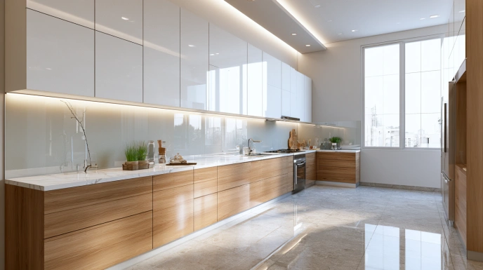 Back-painted glass cabinets in a modern modular kitchen
