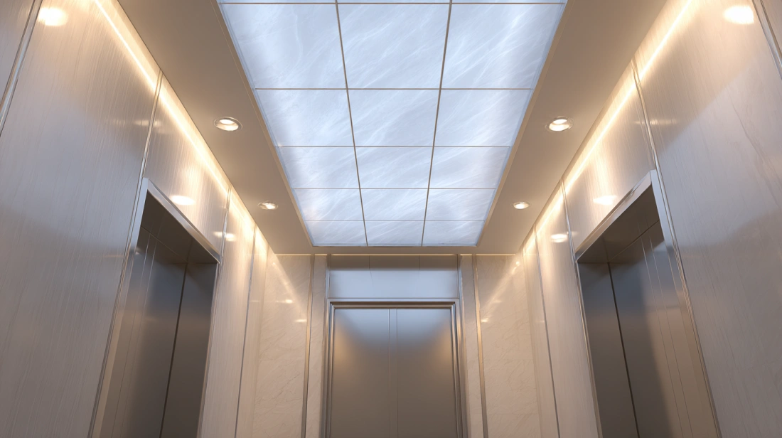 A soft, glowing backlit glass panel on a lift ceiling