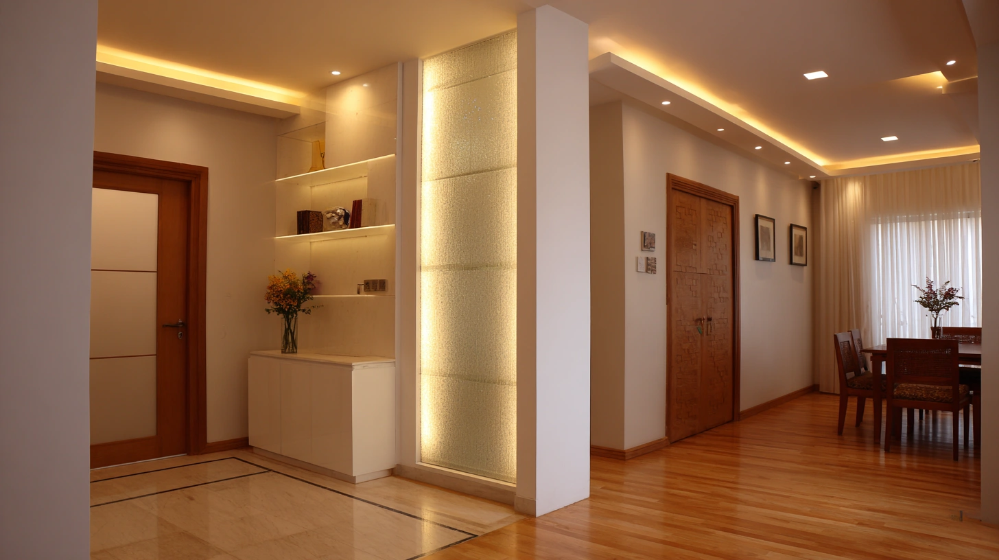 Glowing custom backlit gypsum partition lighting up hallway floor