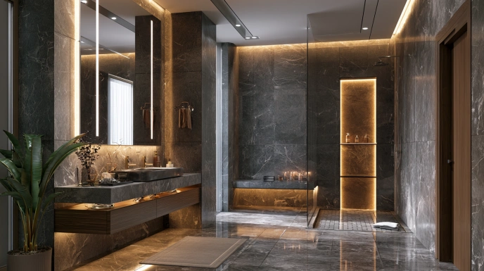 Backlit bathroom niche with warm LED lighting