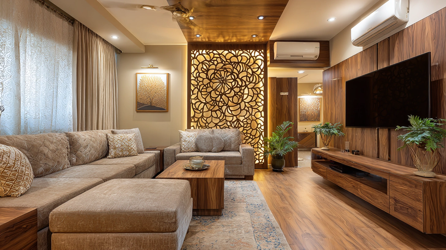Illuminated intricate screen glowing behind home sofa
