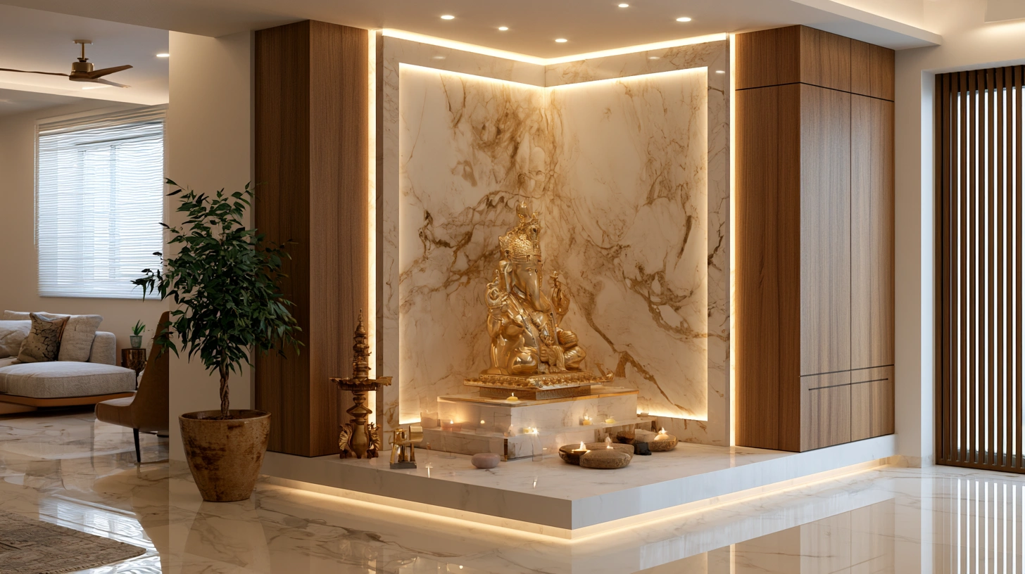Backlit niche pooja design in a corner wall