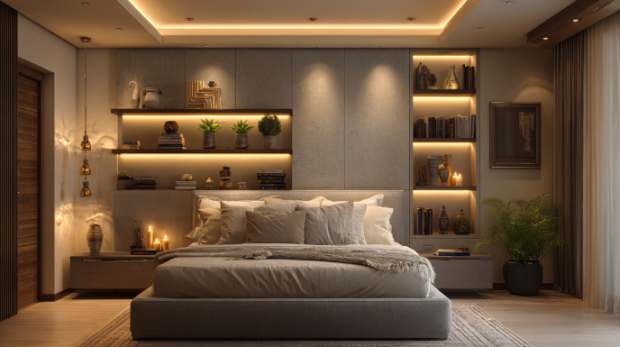 Backlit recessed niche shelves in bedroom