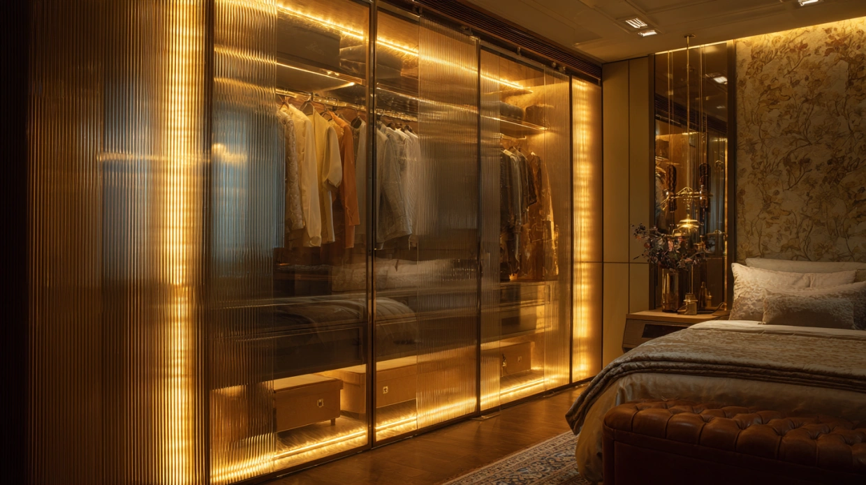 Backlit fluted glass wardrobe partition